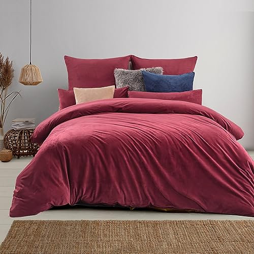 Soifox Winter Flanell Bettwäsche 140x200 - Rot Flauschige und Warme Cashmere Touch Bettbezug + Kissenbezug 80x80 cm mit Reißverschluss
