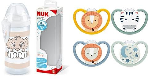 Bundle of NUK First Choice+ Kiddy Cup| 12 Months+ | Leak-Proof Toughened Spout | Clip & Protective Cap | 300 ml | Disney Lion King+ NUK Space Day & Night Baby Dummy 6-18 Glow-in-the-Dark Soothers 4pk
