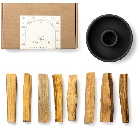 BESOULS Kit Palo Santo para Quemar con Quemador Palo Santo Soporte: 8 Incienso Palo Santo Natural + QR Contenido Digital– Kit Limpieza Energetica hogar, sahumerio, Meditación y Regalos Espirituales