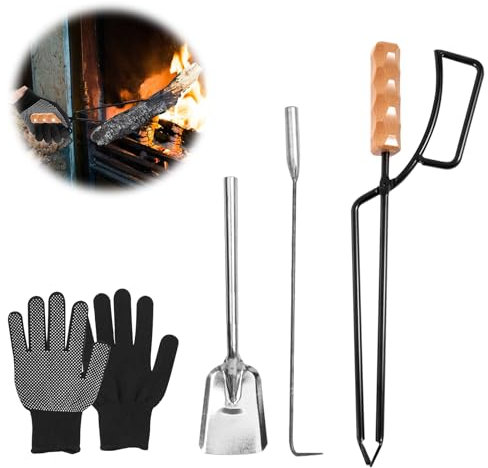 GOEDCH 40 cm. Juego de 4 pinzas para chimenea, pinzas para leña, pinzas para leña, pinzas plegables, pinzas de madera para chimenea, con par de guantes, ganchos, pala de carbón para accesorios de