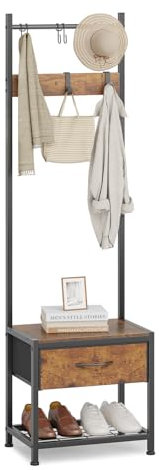 Leader Accessories Garderobenständer mit Bank Platzsparendes Design Metallgarderoben rustikal Kleiderständer 154x30x45cm (HxTxB) Schwarz/Braun