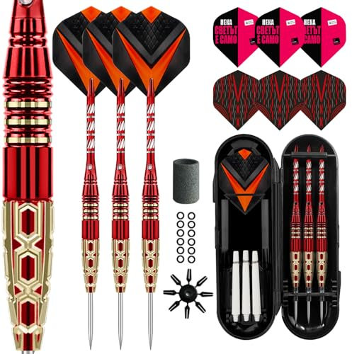 Lavishio Professional Steel Tip Darts Metal Tip Set mit Extra 3 Dart Flights, 3 Ersatz Plastik Shaft + Rubber O'Rings + Extra Flights + Dart Sharpen (rot)