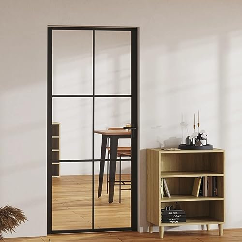 IKAYAA Porta Interna in Vetro Porta da Interni Battente Porta Vetro per Bagno Cucina Studio in Vetro e Alluminio-Nero e trasparente-93 x 201.5 cm-Tipo 2
