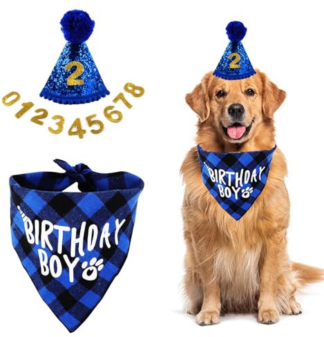 Hund Geburtstag Bandana Set, 3 Stücke Hunde Geburtstags Bandana Mütze mit 9 Bling Nummern, Hund Geburtstag Hut, Hundegeburtstagskrawatte, Hund Halstuch Bandana für kleine mittlere Hunde (Blau)