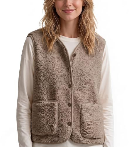 Vinuwu Gilet da donna senza maniche, in pile, da donna, tinta unita, con scollo a V, con bottoni, orsacchiotto, gilet da donna in pelliccia
