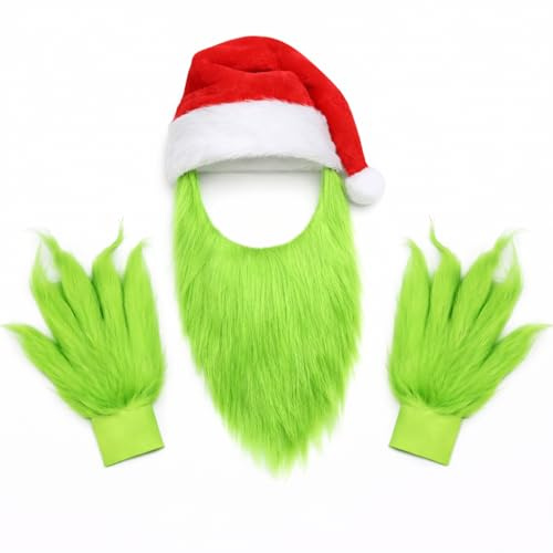 YONEEKSS Grünes Monster-Kostüm-Zubehör, Grinch pelzige Handhandschuhe, Bart und Weihnachtsmannmütze für Erwachsene, Halloween, Weihnachten, Cosplay, Party, Kostüm-Requisiten