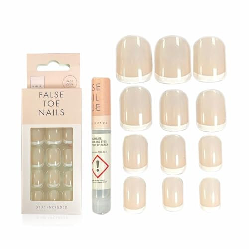 False Toenails Artificial White Tip Pre Painted French Nail Tips Worn On Toes Full Cover Fake Toe Nails Stick On Toenails With Glue Included Perfect For Women Girls Toenail Art DIY Decorations (24Pc)