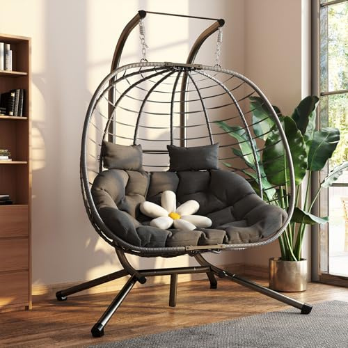 Amopatio Doppel Hängesessel mit Gestell & Kissen, Wetterfester Rattan Hängeschaukel für 2 Personen, Mental Schaukelsessel für Garten, Balkon, Terrasse, Indoor, Outdoor, Grau