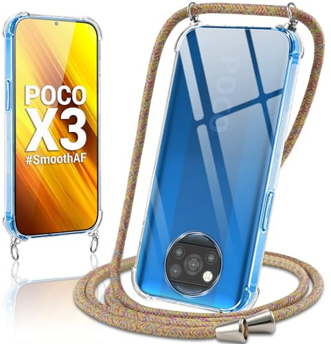 Coiwxmoi Funda con Cuerda para Xiaomi Poco X3/X3 NFC 4G/X3 Pro 6,67,Carcasa Transparente Suave Silicona Case con Ajustable Colgante Collar Correa de Cuello Cadena Cordón Protección Cover,Multicolor