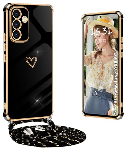 Yutwo Hülle für Samsung Galaxy A56 5G mit Band, Handyhülle für Samsung A56 5G mit Band Silikon Stoßfeste Handykette Herz Love Design Schutzhülle für Galaxy A56, Schwarz