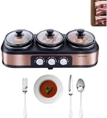 3 x 1.5L Pot Electric Slow Cooker and Buffet Server, Triple Food Warmer Ceramic Pots with Lids, Lid Stands & 3 Heat Settings