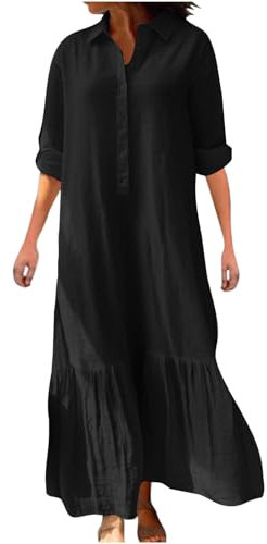 RLEHJN Robe Lin Longue Chemise Femme Chic Et Elegant Grande Taille Couleur Unie Décontractée De Travail Midi Tunique Ample avec Poches
