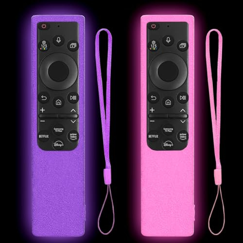 2 Pack Remote Cover for Samsung Smart TV, Silicone Protective Case for Samsung Solar Cell Remote 2021 2022 BN59-01357 BN59-01385 BN59-01265A Anti-Slip Remote Case Glow in Dark（Glow Purple + Glow Pink）