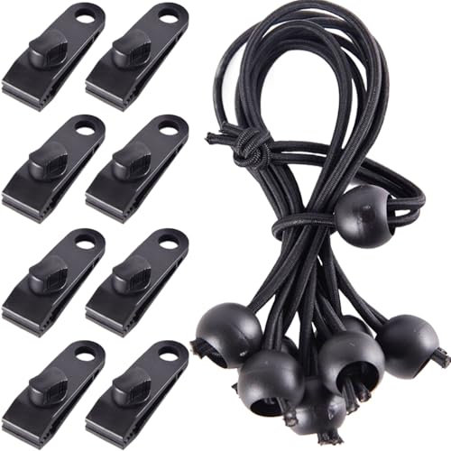 8 Pcs Tarp Clips + 8 Pcs Small Bungee Cords with Hooks 6 Inch,Adjustable Tarpaulin Clip,Reusable Awning Clips and Bungee Cord with Hook,Tarpaulin Clamps for Garden Outdoor Pool Tie Downs Canvas