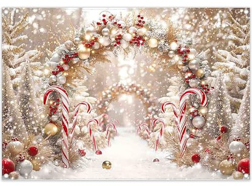 Luminora 2,1x1,5m Fondo Navidad Arco Caramelo Rojo | Ambientación con bosque nevado, regalos y detalles festivos para celebraciones navideñas