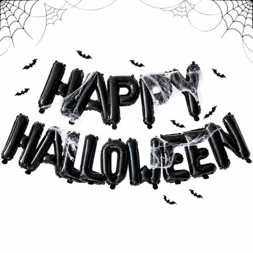 Gleemix Halloween Deko Luftballon Set, Happy Halloween Foilenballons Girlande, HalloweenBallon Set mit Fledermaus Wandaufkleber, Spinne, Spinnennetz, für Outdoor Innen Party