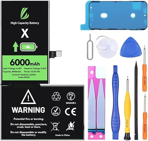 LL TRADER Battery for iPhone X, 6000 mAh High Capacity 0 Cycle Replacement Battery for iPhone X Model A1865, A1901, A1902 with Full Set Repair Tool Kit & Adhesive 02