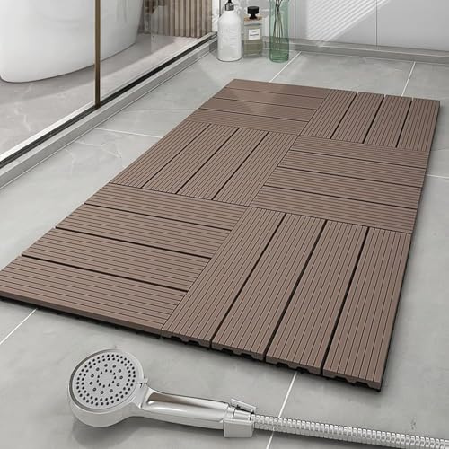 4 Pcs Interlocking Floor Tiles Two Colour Wood Plastic Patio Flooring Garden Pool Bathroom(Coffee)