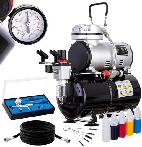 Fengda - Set compressore d'aria con aerografo - Kit aerografo con compressore d'aria - Set completo con pistola aerografo, tubo flessibile da 180 cm, pennelli, vernici - Serbatoio da 3 l - AS-186