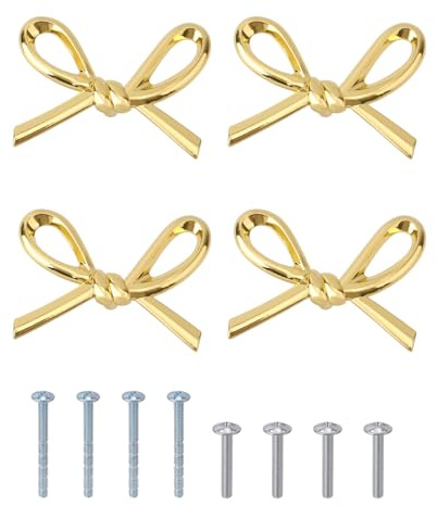 Penitue 4pcs Gold Bow Drawer Knobs, Vintage Cabinet Hardware Decorative Handles with Long Screws & Short Screws for Kitchen Cabinets Wardrobes Room Door Decor Dresser Pulls
