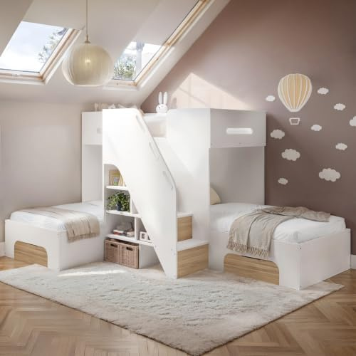 Flair Furnishings - Triple Bunk Bed for Kids with Storage (White & Oak)