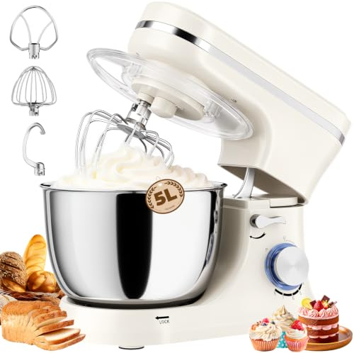 GUIVACI Küchenmaschine 5L – Knetmaschine mit 1000W, 8+ P Geschwindigkeiten, 3 Rührwerkzeuge, Spritzschutz, Teigschaber & Eiertrenner, für Brot & Kuchen
