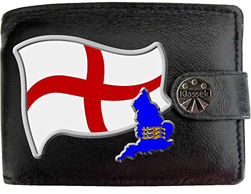 Klassek England Flag English Map and Coat of Arms COA Mens Wallet Real Black Leather RFID Blocking with Coin Pocket and Metal Gift Box