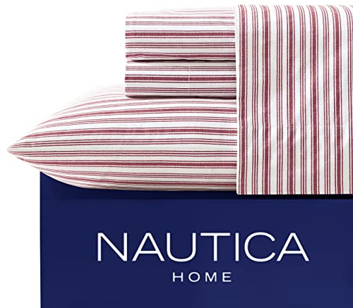 Nautica - Twin Sheets, Cotton Percale Bedding Set, Fully Elasticized, Ideal Dorm Essentials (Coleridge Stripe Red, Twin)