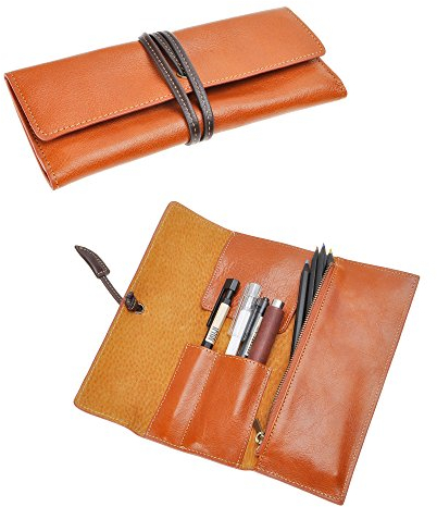 ZLYC Handgefertigte Leder Federmäppchen Stifttasche Stiftemappe Griffelmappe im Vintage-Stil,Braun