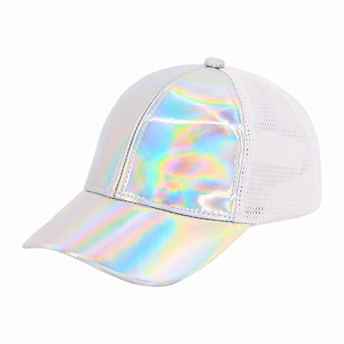 Surkat Shiny Holographic Baseball Cap Adjustable Strap PU Leder Hip Hop Hut für Damen und Herren - Silber - Einheitsgröße
