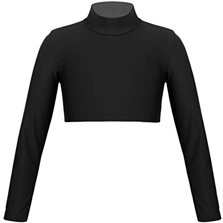 iEFiEL Mädchen Langarm Shirt Rollkragen Top Bauchfrei Oberteil Bluse Crop Top Für Ballett Kinder Yoga Sportshirts Workout Tanztop Schwarz 152