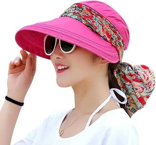 ITODA 2-in-1 Ladies Wide Brim Sun Hat Foldable Sun Visor Cap UPF 50 UV Protection Hat Summer Beach Hats with Detachable Neck Protector Hood for Travel Holiday Beach Cycling Headwear Rose Red
