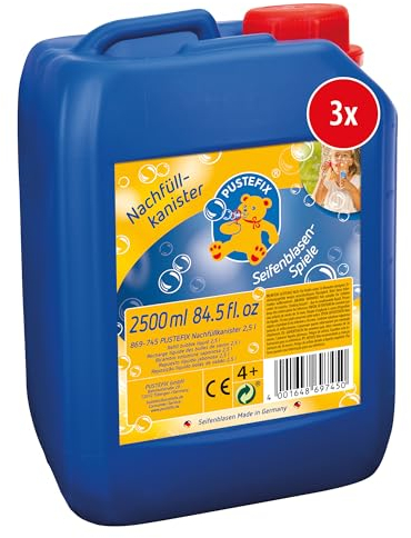 PUSTEFIX Nachfüllkanister I 3 x 2,5 l Seifenblasenflüssigkeit I Bunte Bubbles Made in Germany I Seifenblasen für Hochzeit, Kindergeburtstag, Sommerfest I Bunte Seifenblasen für Kinder & Erwachsene
