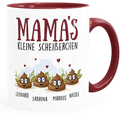 MoonWorks®Tasse personalisiert Mama's kleine Scheißerchen und anpassbare Namen Kackhaufen Geschenk für Mama 4 Kinder bordeauxrot Keramik-Tasse