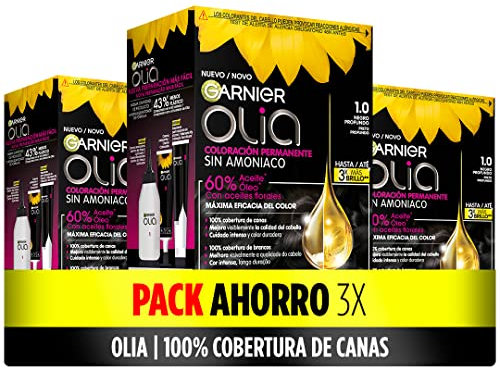 Garnier Olia - Pack de 3 coloración permanente sin amoniaco para un olor agradable con aceites florales de origen natural, color tono 1.0 negro ébano