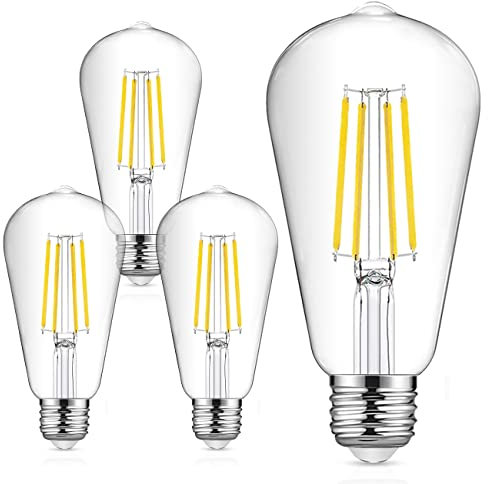 EXTRASTAR Bombillas LED ST64 de Filamento LED E27, Luz Fría 6500K, 12W, 1521Lm Bombilla Retro Vintage, No Regulable - Pack de 4 Unidades