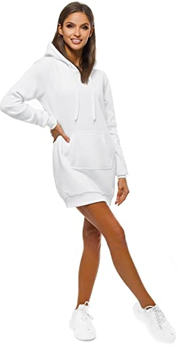 OZONEE Damen Hoodie Kapuzenpullover Lang Sweatjacke Sweatkleid Winterkleid Herbstkleid Kleid Sweatshirt Sweatshirtkleid Kapuzenjacke Kapuzenpulli Kapuze Langarm Sport 777/6813B/1 WEIß L
