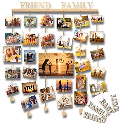 Uping Cadre Photo Pele Mele Mural Porte Photo Mural en Bois Cadre Multi Photo Decoration Maison avec Photo Pince et 4 Lettres en Bois- Family Friend Love Baby