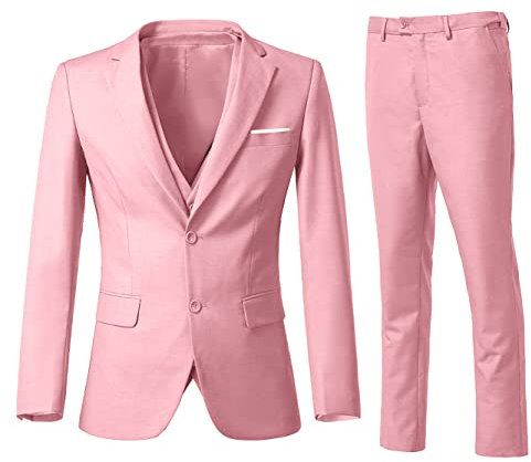 ZKHOECR Costume 3 pièces pour homme, coupe ajustée, avec blazer à deux boutons, gilet et pantalon, couleur unie, pour les affaires et les mariages, rose, Taille M