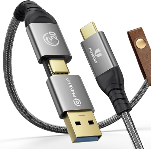 PHIXERO USB-C Kabel (100W/20Gbps/1M) - 4K@60Hz Videoausgang, USB 3.2 Gen2×2 Typ C Ladekabel, 2-in-1 USB-A/C auf C für MacBook Pro/Air/iPad Pro USB-C Monitor