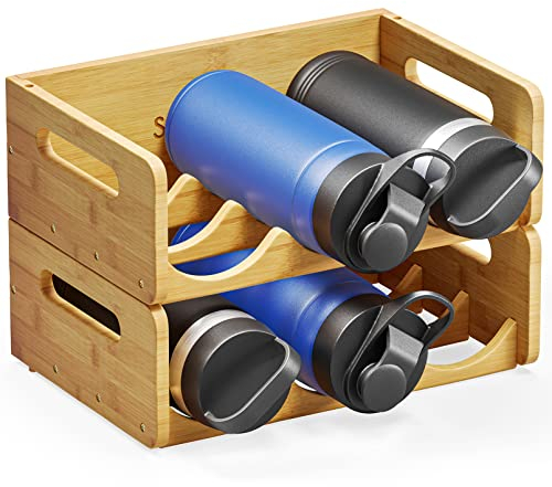 SpaceAid Bambus-Wasserflaschen-Organizer mit Etiketten, Küche, Speisekammer, Wasserflasche, Aufbewahrungsregal für Schränke, Heimbecher und Weinflaschenhalter, 3 Stück, für 6 Flaschen