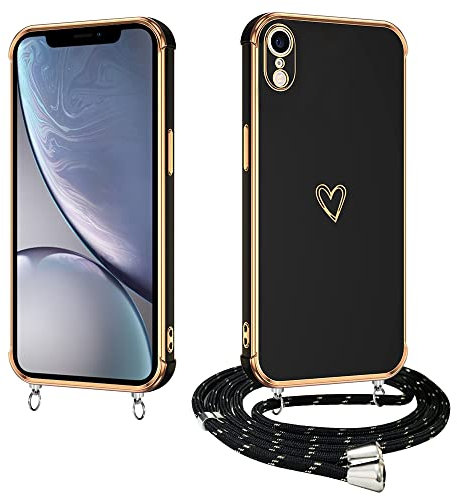 E-Lush Handyhülle für iPhone XR Hülle mit Band, Herz Love Muster Galvanik Silikon Handy Hülle für iPhone XR 6.1 Zoll Schutzhülle mit Kordel zum Umhängen Kameraschutz Stoßfeste Case, Schwarz