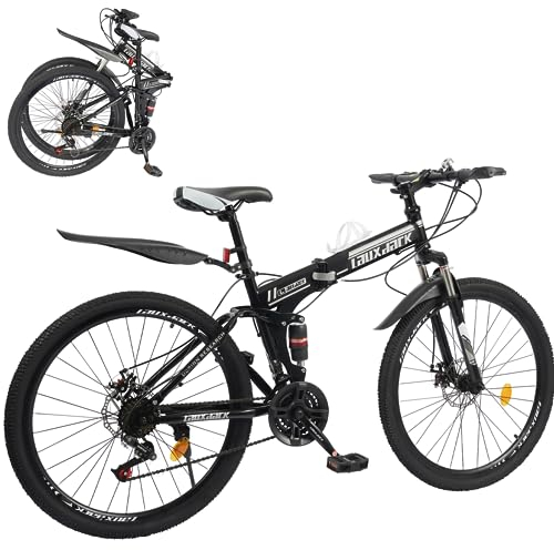 Futchoy 26 Zoll Fahrrad MTB Mountainbike für Jungen ab 160cm – Faltbar mit Stoßdämpfer, 21 Gang-Schaltung, Scheibenbremsen, Höhenverstellbar Mädchen, Damen & Herren (Schwarz)