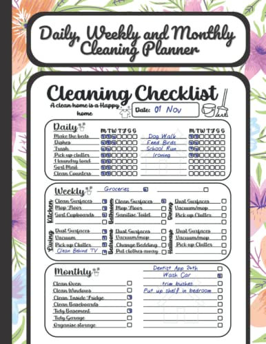 Daily, Weekly and Monthly Cleaning Planner: Housecleaning Checklist, Cleaning Schedule for Adults, 8.5 x 11 Inch, 120 Pages