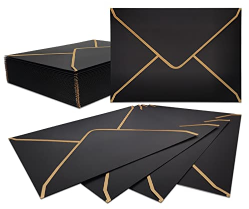 50 Stücke Einladungumschläge A7,Schwarze Luxuriöser Umschläge 18.5x13.5cm Miniatur Kuverts 5x 7 Umschläge mit V-Klappe Briefumschläge Goldfolienrand für Hochzeiten, Einladungen, Party, Grußkarten