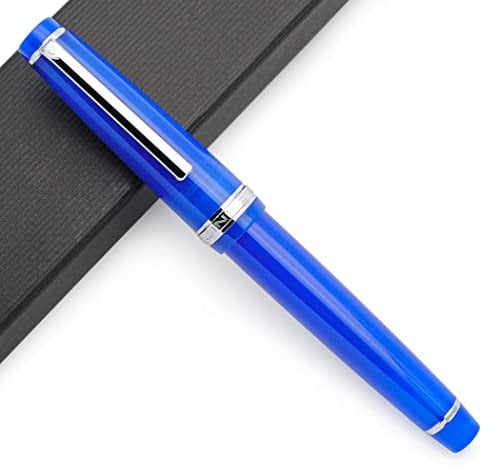JINHAO 82 Celluloid Fountain Pen Acrylic Ink Pen with Ink Converter (Fine Nib, Silvery Clip-Transparent Royal Blue)
