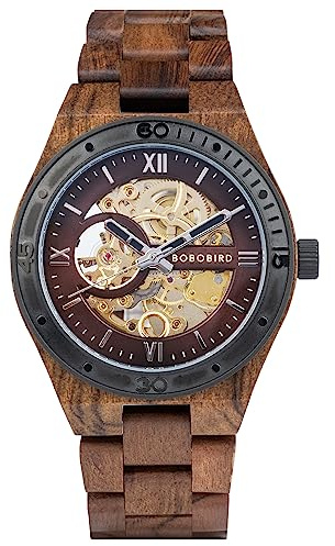 BOBO BIRD Herren-Holz-Uhren, Skelett, mechanische Holzuhr, leicht, Luxus-Armbanduhren mit Naturholzband, limitierte Kollektion für Herren