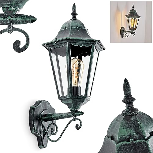 Außenwandleuchte Hongkong, Wandlampe aufwärts in antikem Look aus Metall/Glas in Schwarz-Grün/Klar, Wandleuchte im Retro/Vintage Design, Außenleuchte für Terrasse/Veranda, E27, ohne Leuchtmittel
