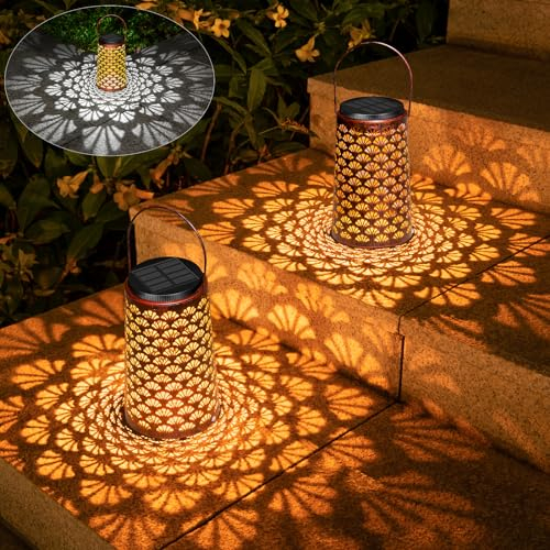 JSOT Solarlampen für Außen, 2 Stück Wasserfeste Metall Laterne mit 2 Wechselbaren Lichtfarben Hänge Gartendeko Laterne für Garten, Baum, Terrasse, Weg