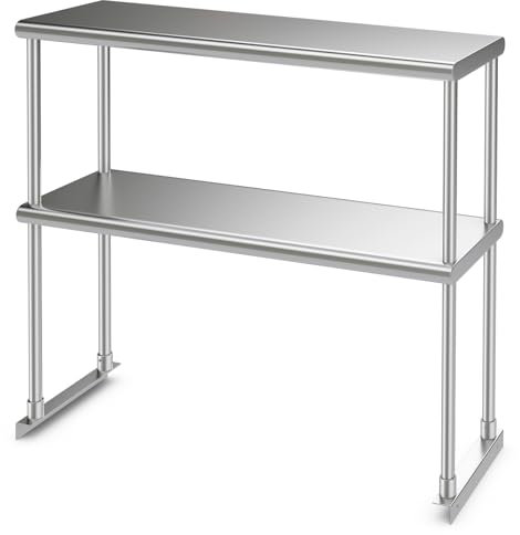 TANGZON Stainless Steel Double Overshelf, 36/48x12 Inch Heavy Duty Catering Table with Adjustable Shelf, Commercial 2 Tier Shelf Food Prep Table Workbench for Home Kitchen (92 x 30 x 85cm)